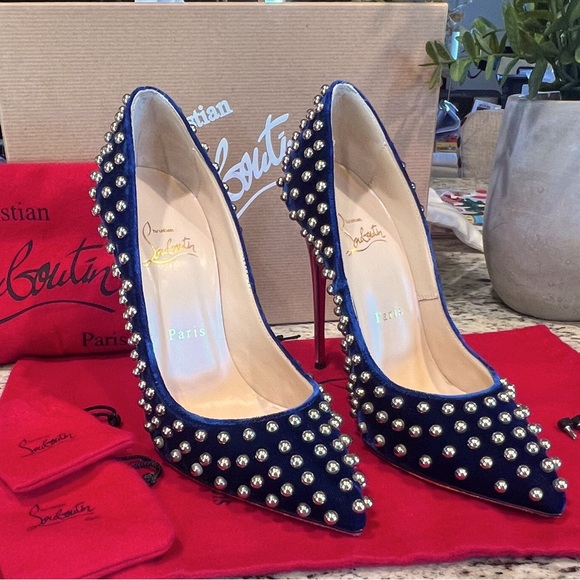 Christian Louboutin BILLY 120 Velvet Silver Studded Eclipse High Heels EU 37 - Picture 4 of 14